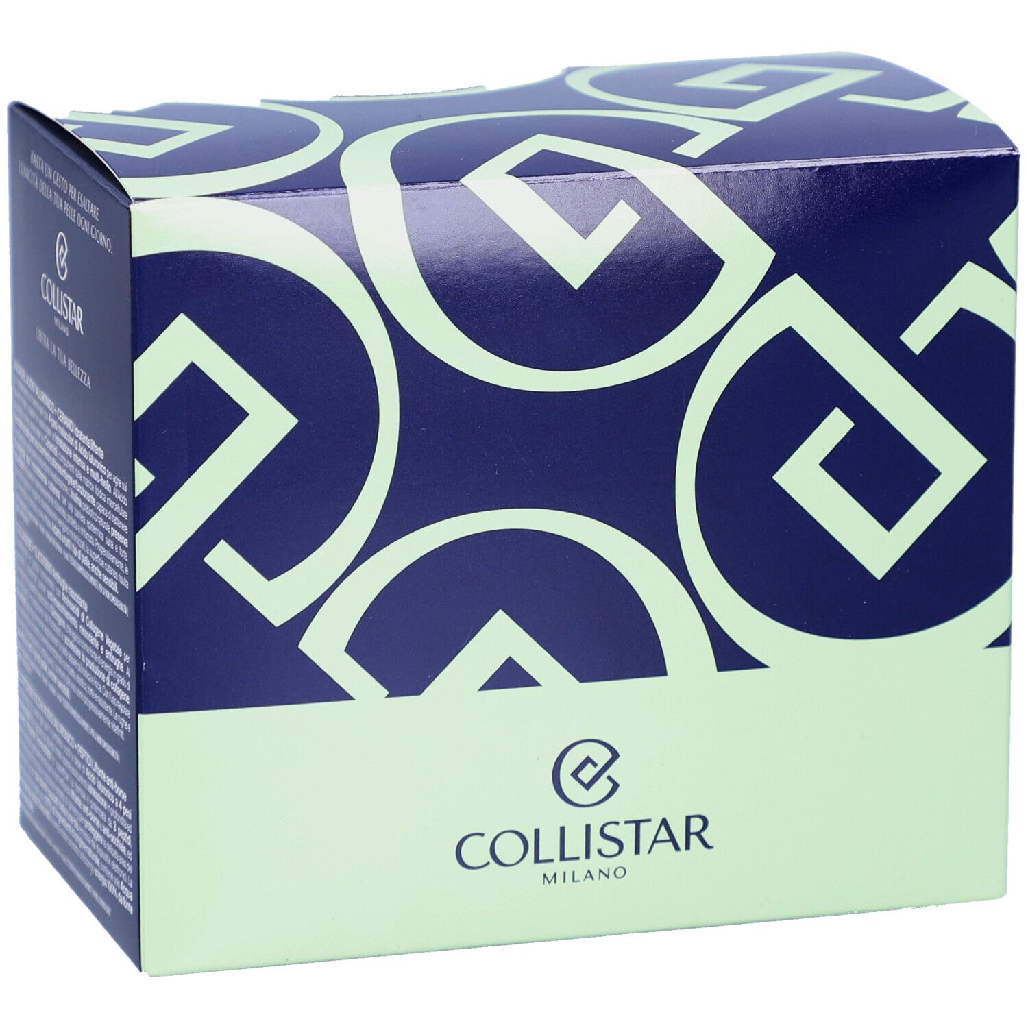 Donkerblauwe doos met groene basis en logo. Tekst: Collistar Milano.