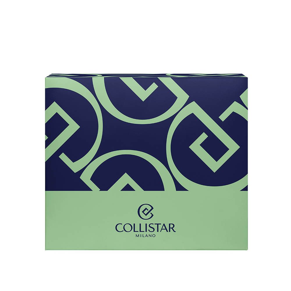 Donkerblauwe doos met groene basis en logo. Tekst: Collistar Milano.