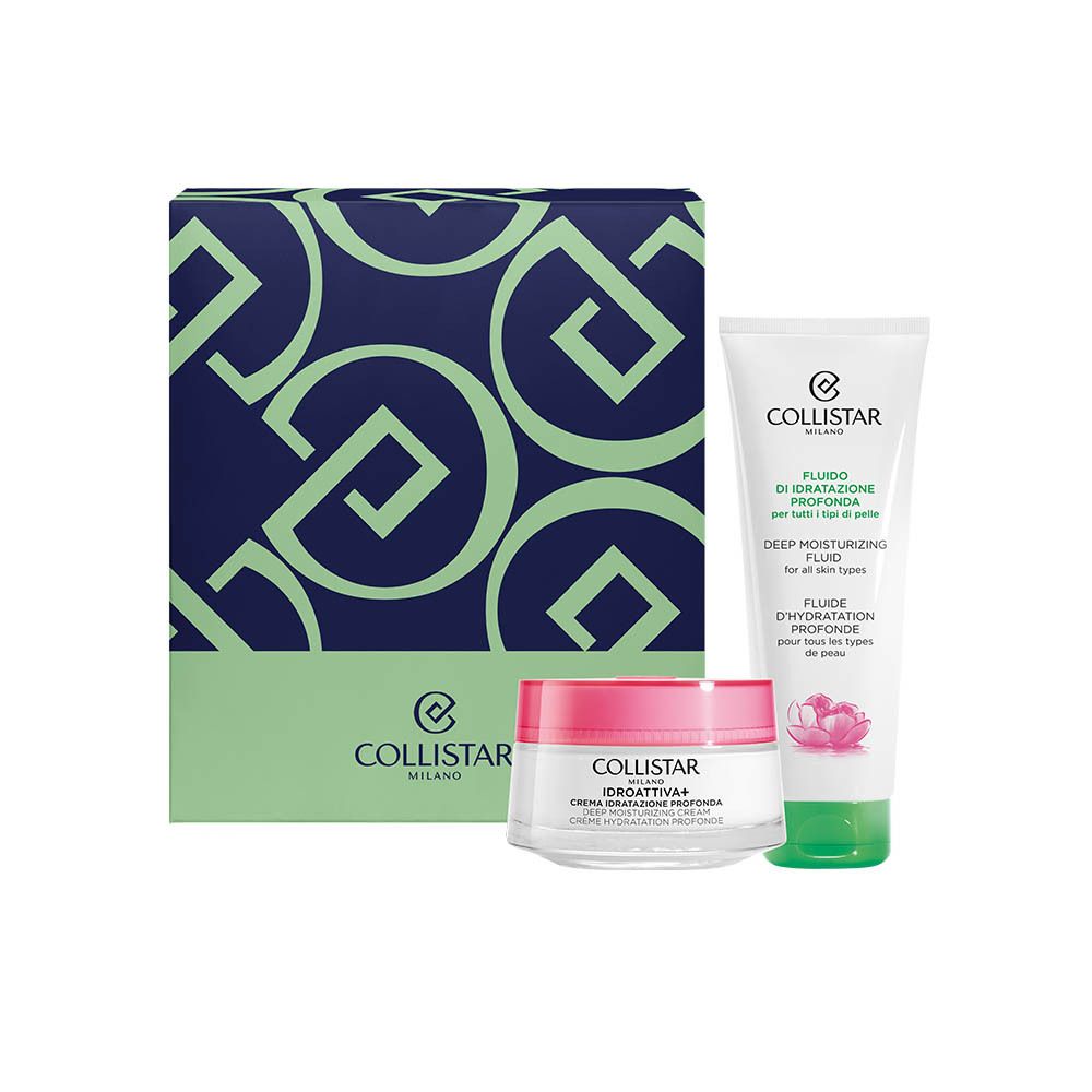 Geschenkset met crème en vloeistof. Logo Collistar. Producten op witte achtergrond.