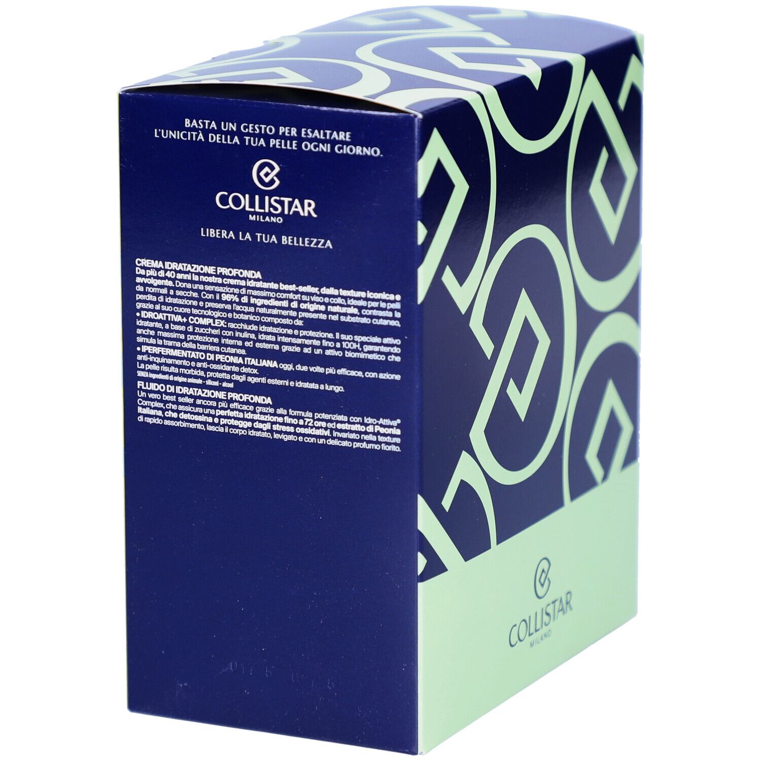 Blauwe cosmetische doos met groen patroon. Tekst in het Italiaans. Logo Collistar Milano.