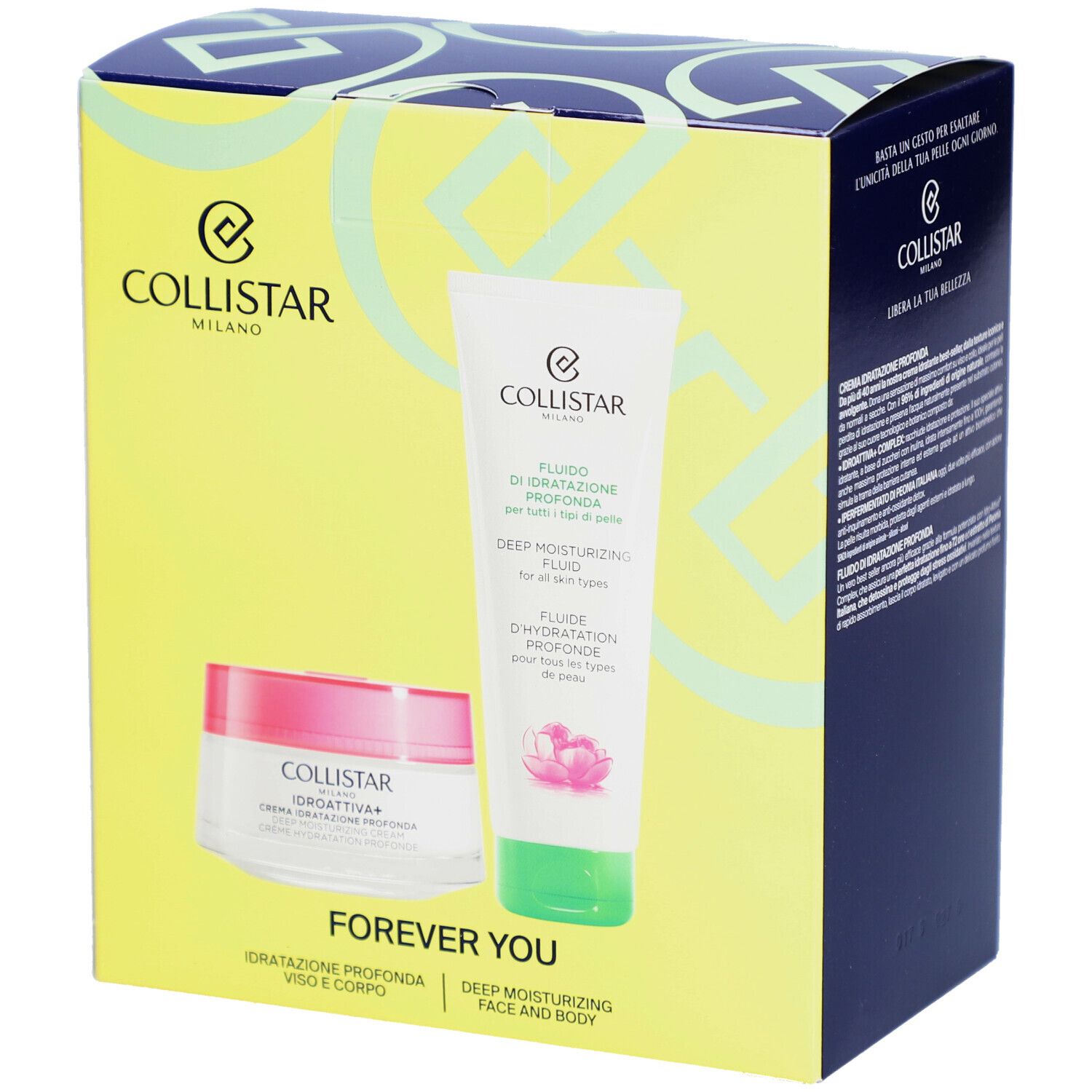 Gele geschenkverpakking met cosmetische producten. Crème en vloeistof. Tekst: Forever You. Logo Collistar.