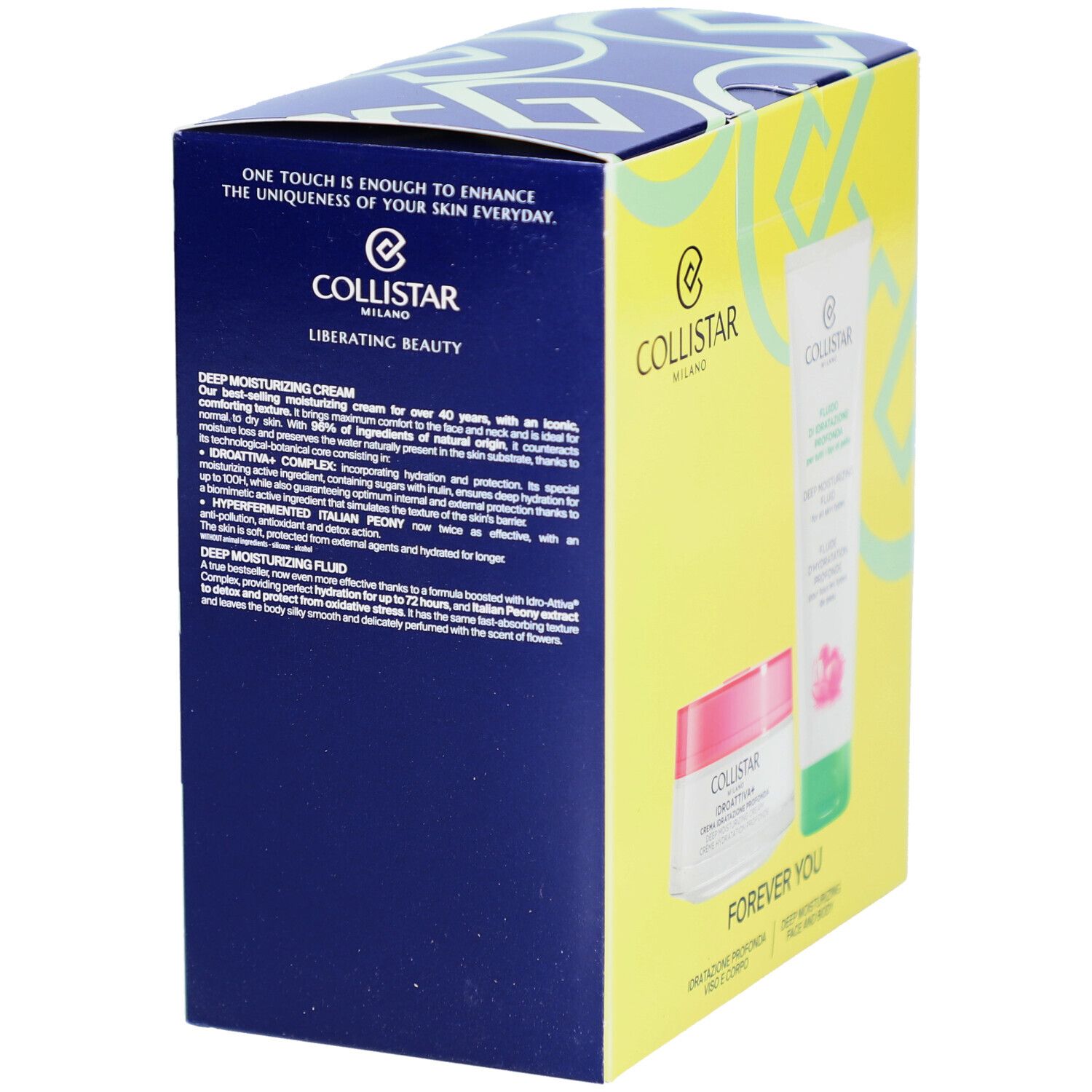 Cosmetische doos met producten. Crème en vloeistof. Tekst in het Italiaans. Logo Collistar Milano.