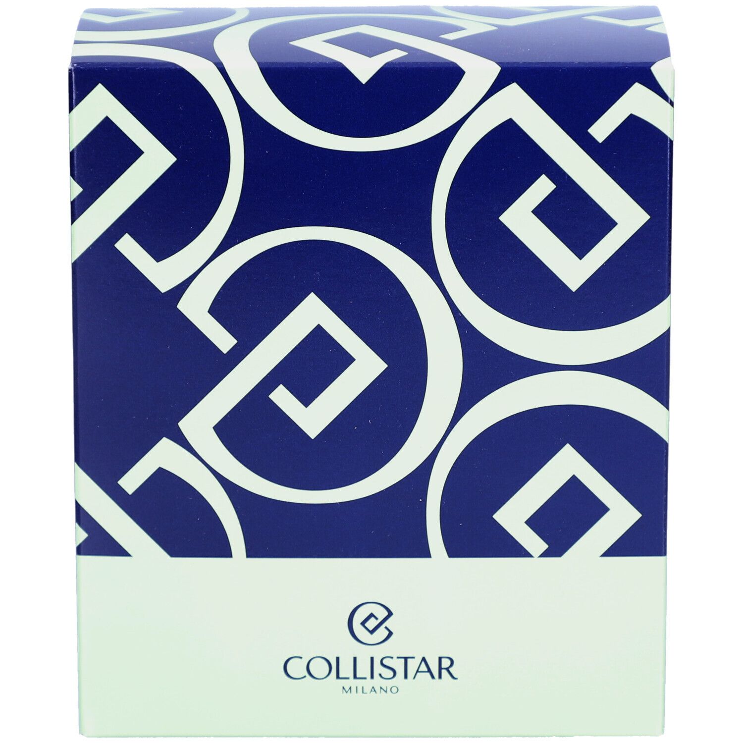Blauw-witte cosmetische doos met logo Collistar Milano.