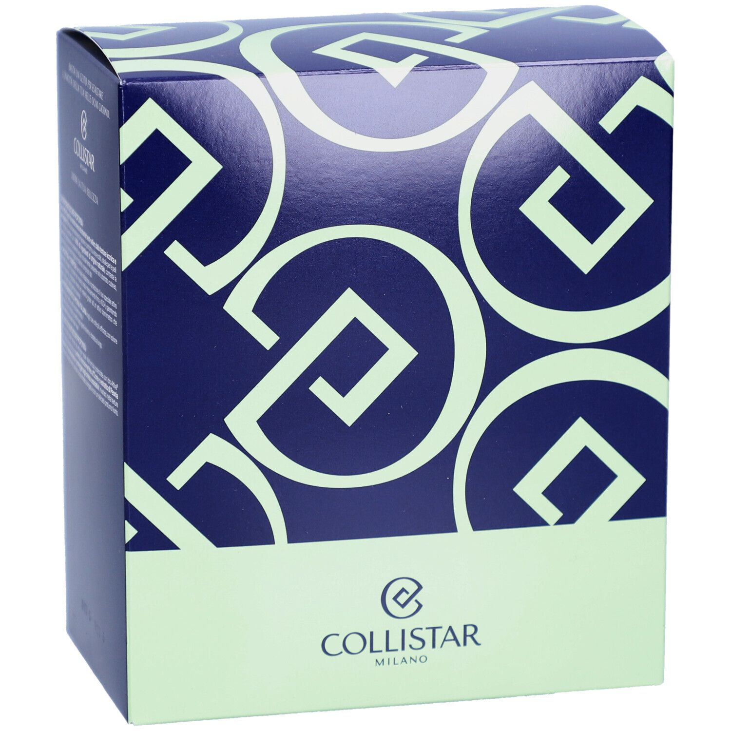 Blauw-groene cosmetische doos met logo Collistar Milano.