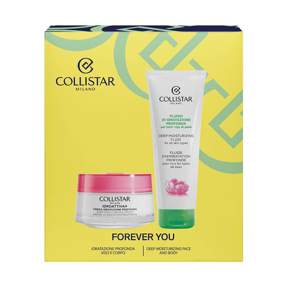 Coffret cadeau jaune avec crème et fluide. Logo Collistar. Texte : Forever You.