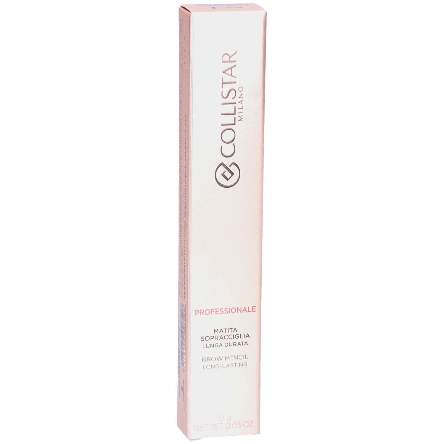 Emballage rose. Collistar Milano, Professionale, crayon à sourcils. Texte: Matita Sopracciglia Lunga Durata, Brow Pencil Long-lasting. 1,1g.