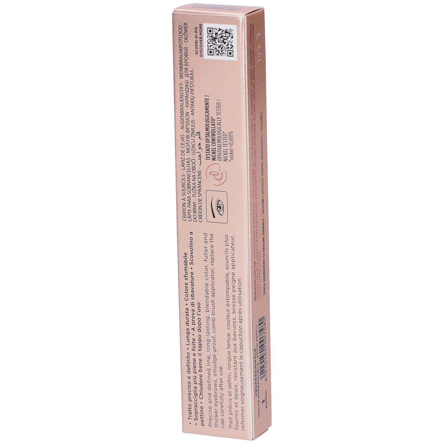 Emballage rose. Texte: Collistar Milano, Professionale, Matita Sopracciglia Lunga Durata, Brow Pencil Long-lasting.