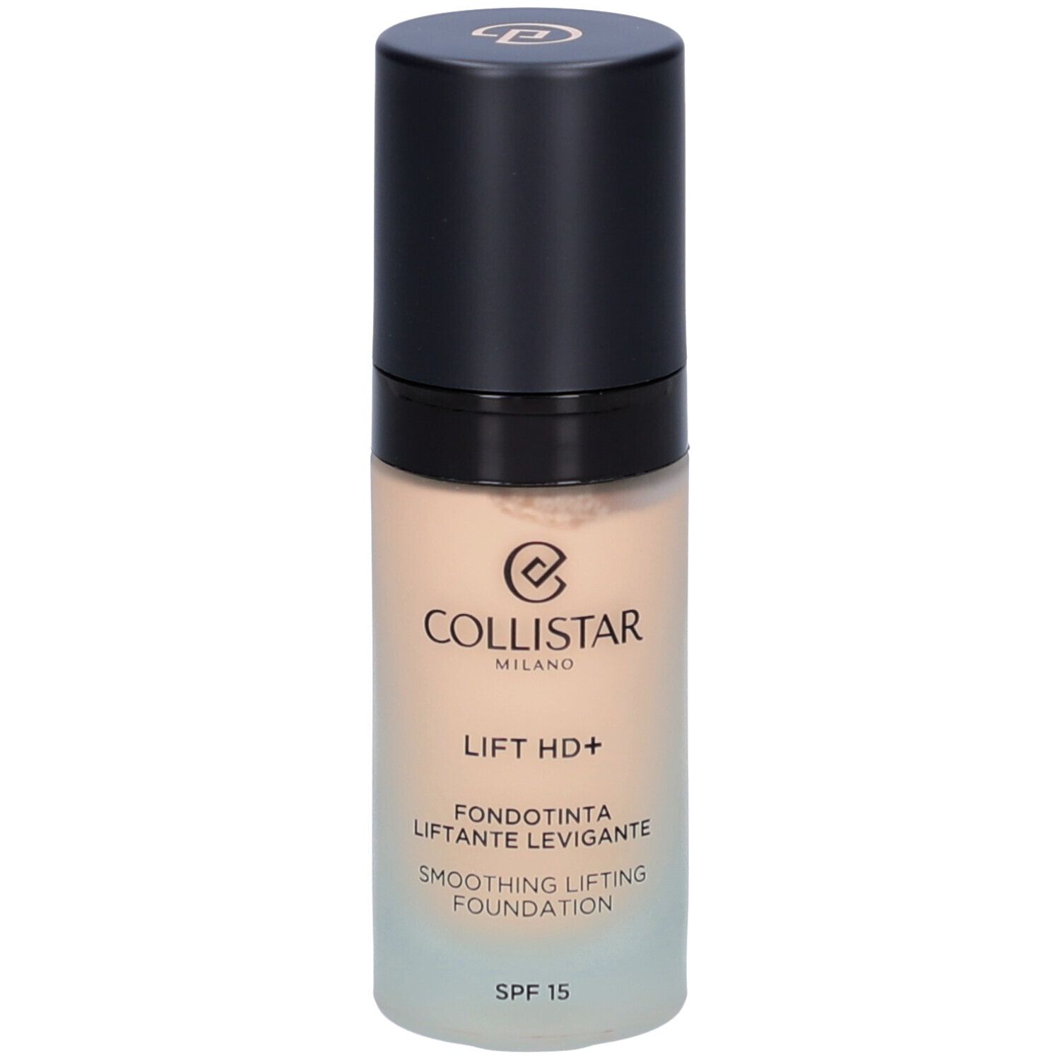 Collistar Lift HD+ Foundation. Beige foundation met zwarte dop. SPF 15. Zichtbare opschriften.