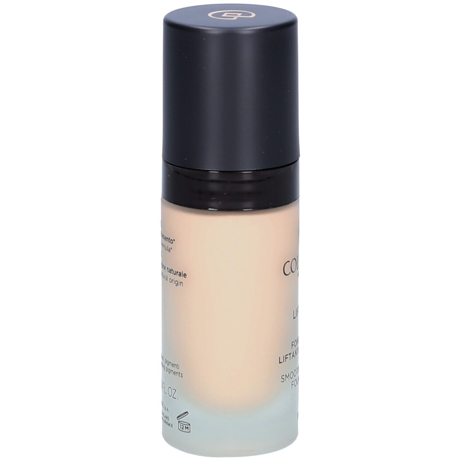 Collistar Lift HD+ Foundation. Achterkant fles. Tekst met ingrediënten en percentages.