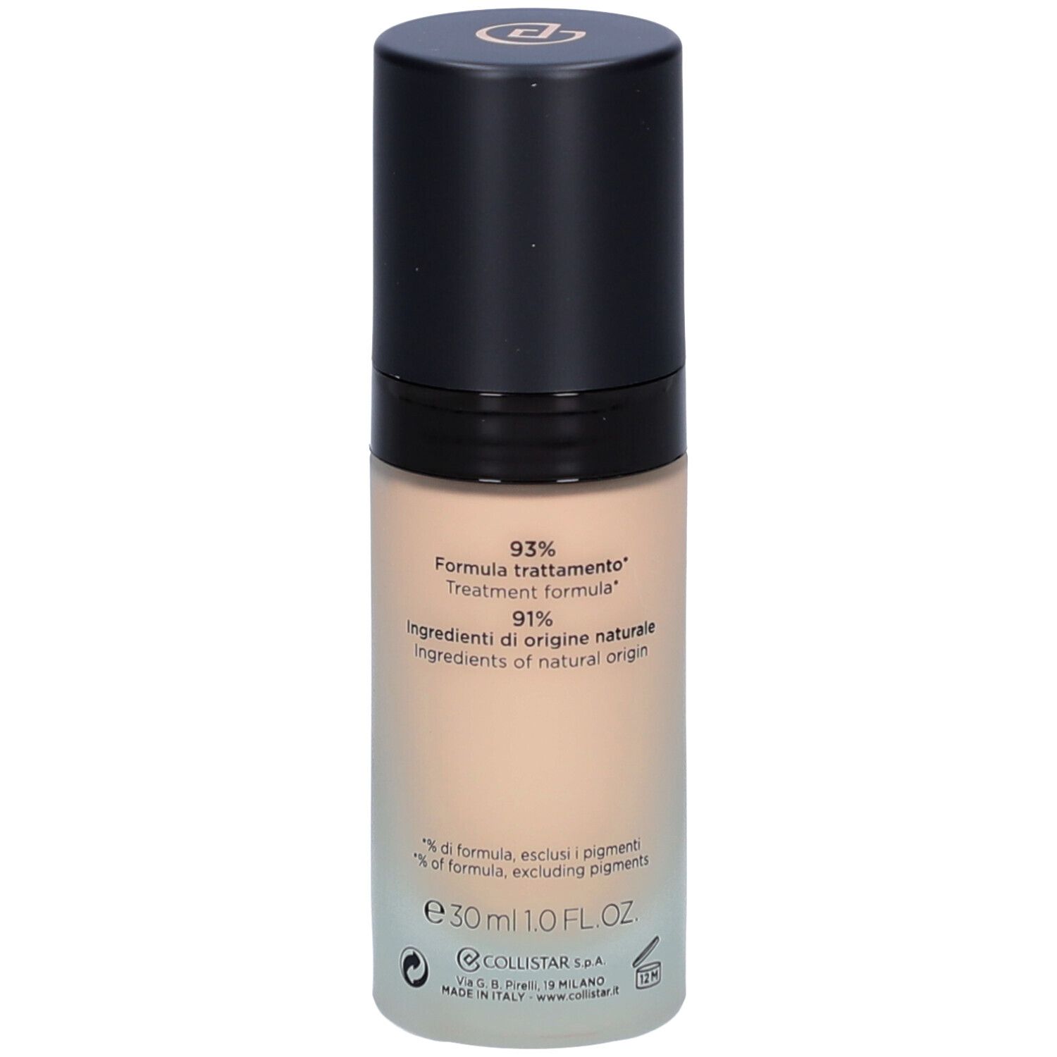 Collistar Lift HD+ Foundation. Achterkant fles. Tekst met ingrediënten en percentages.