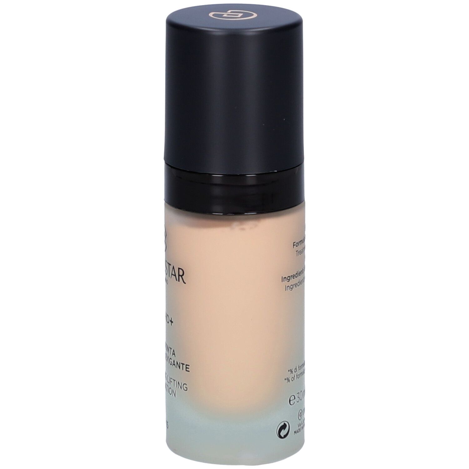 Collistar Lift HD+ Foundation. Achterkant fles. Tekst met ingrediënten en percentages.