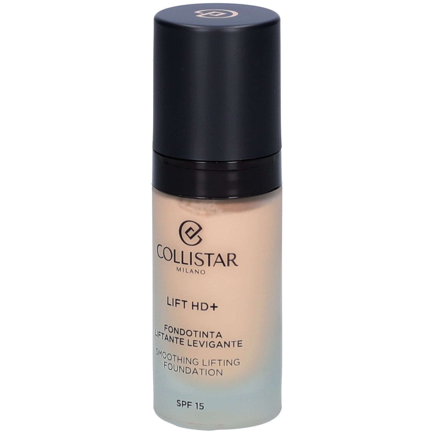 Collistar Lift HD+ Foundation. Beige foundation met zwarte dop. SPF 15. Zichtbare opschriften.