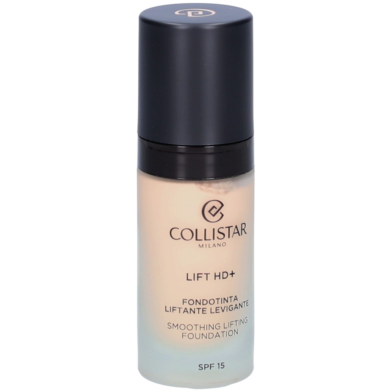 Collistar Lift HD+ Foundation. Beige foundation met zwarte dop. SPF 15. Zichtbare opschriften.