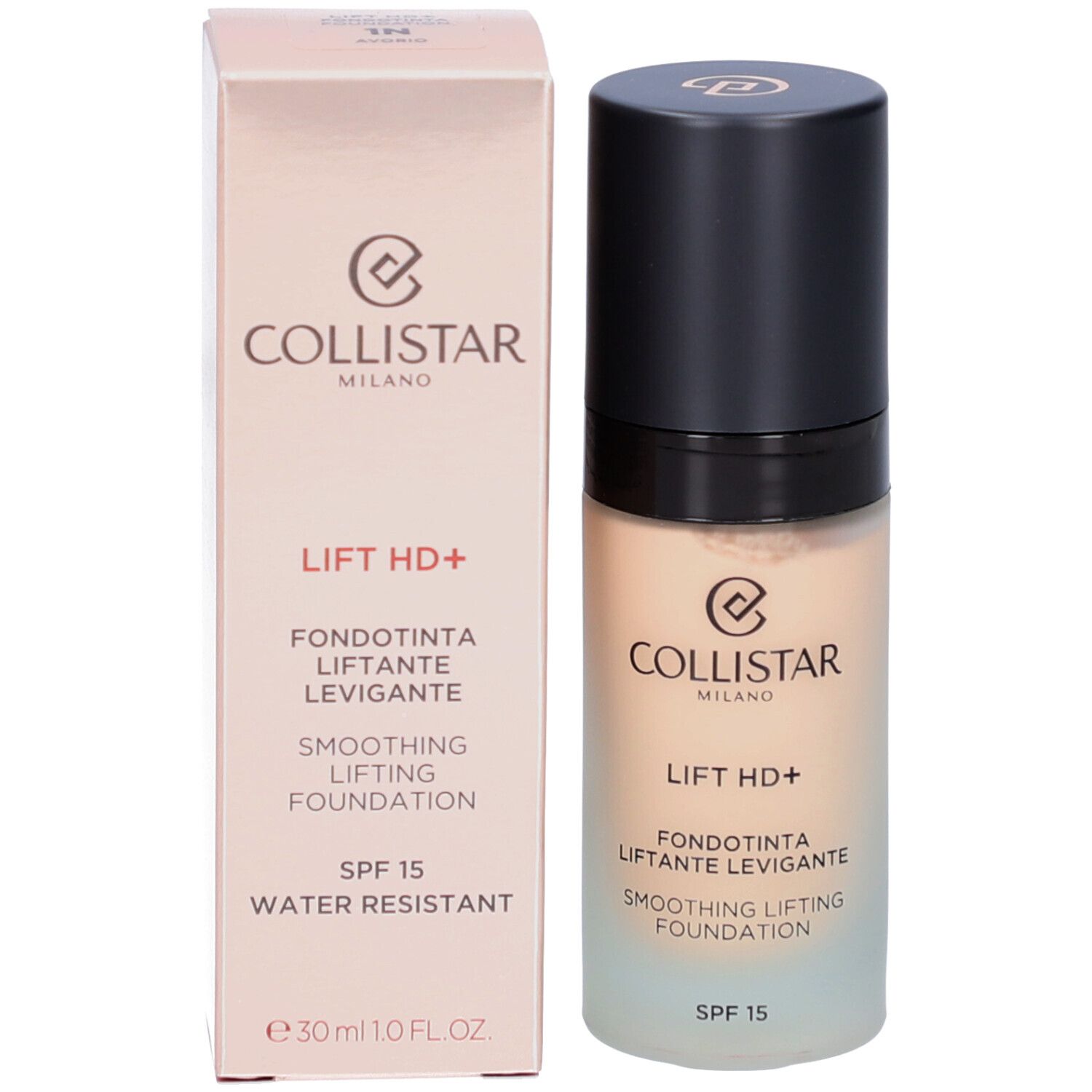 Collistar Lift HD+ Foundation en verpakking. Beige foundation en roze verpakking. SPF 15. Opschriften.