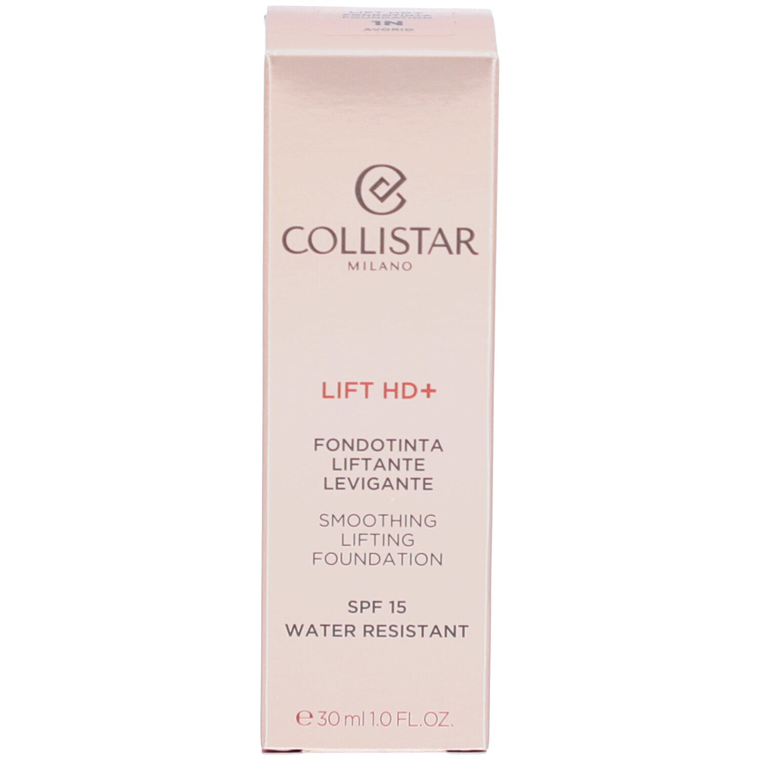 Verpakking Collistar Lift HD+ Foundation. Roze verpakking met productnaam en SPF 15.