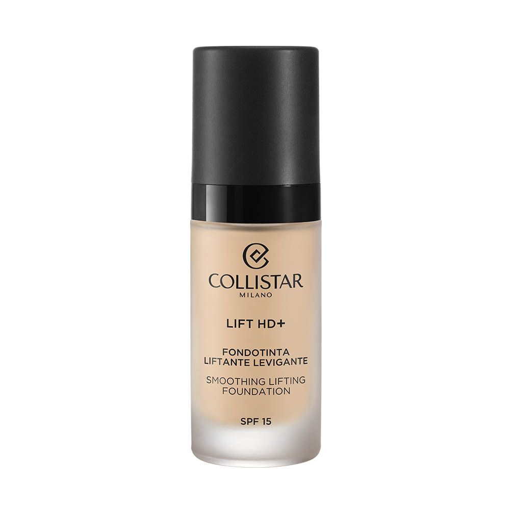 Beige foundationfles met zwarte dop. Opschrift: Collistar, Lift HD+, Smoothing Lifting Foundation, SPF 15.
