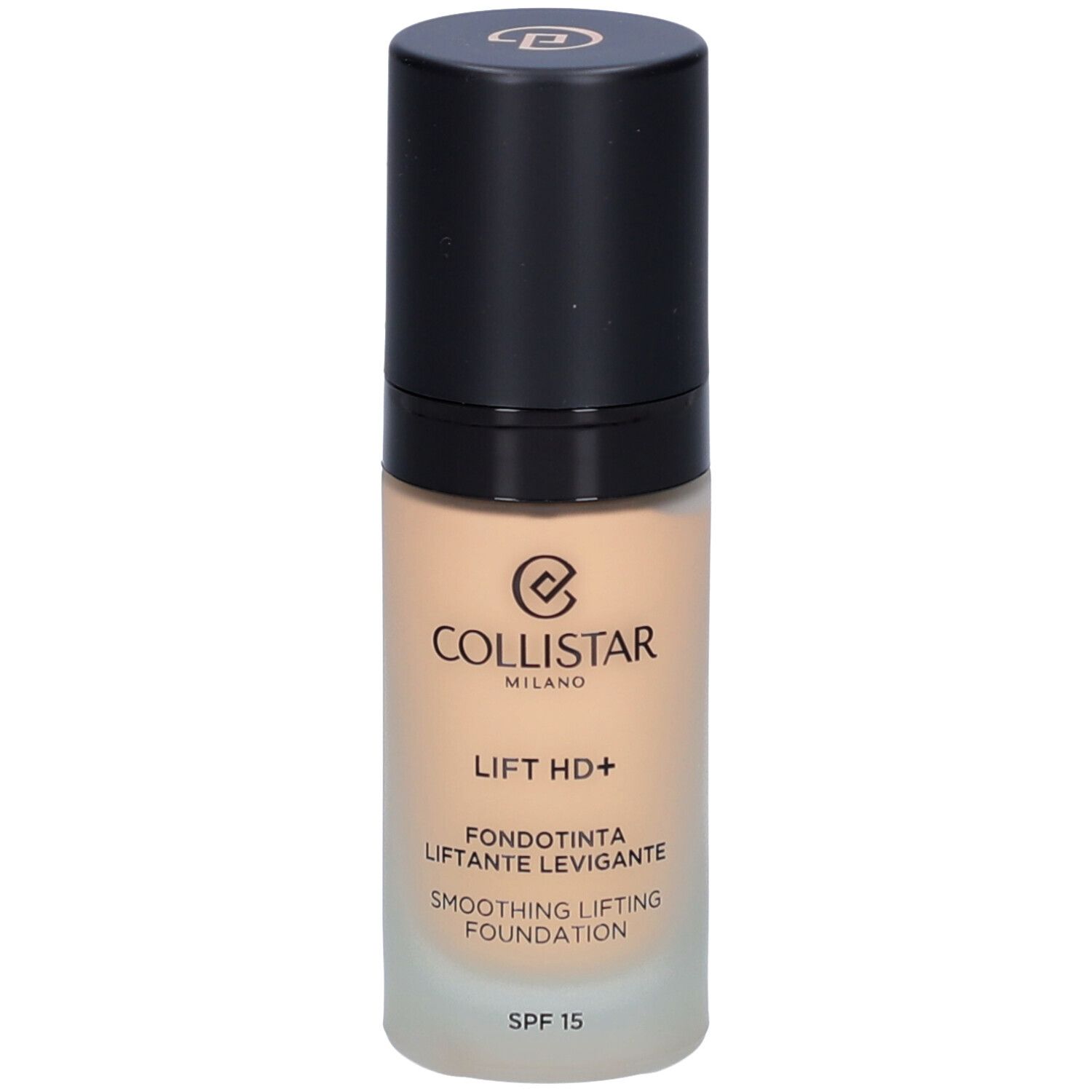 Flacon de fond de teint beige avec bouchon noir. Inscription : Collistar, Lift HD+, Smoothing Lifting Foundation, SPF 15.