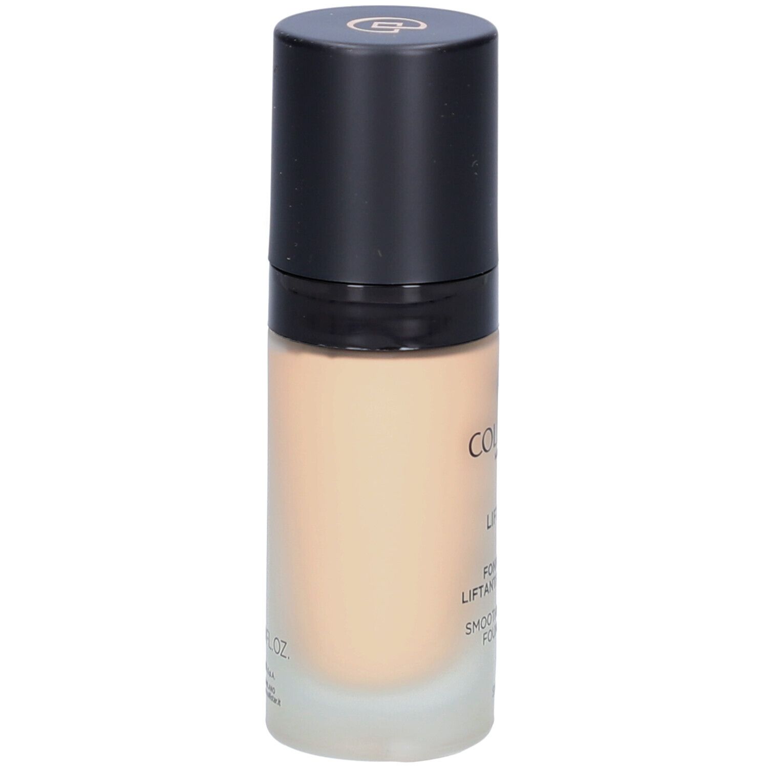 Flacon de fond de teint beige avec bouchon noir. Inscription : Collistar, Lift HD+, Smoothing Lifting Foundation.