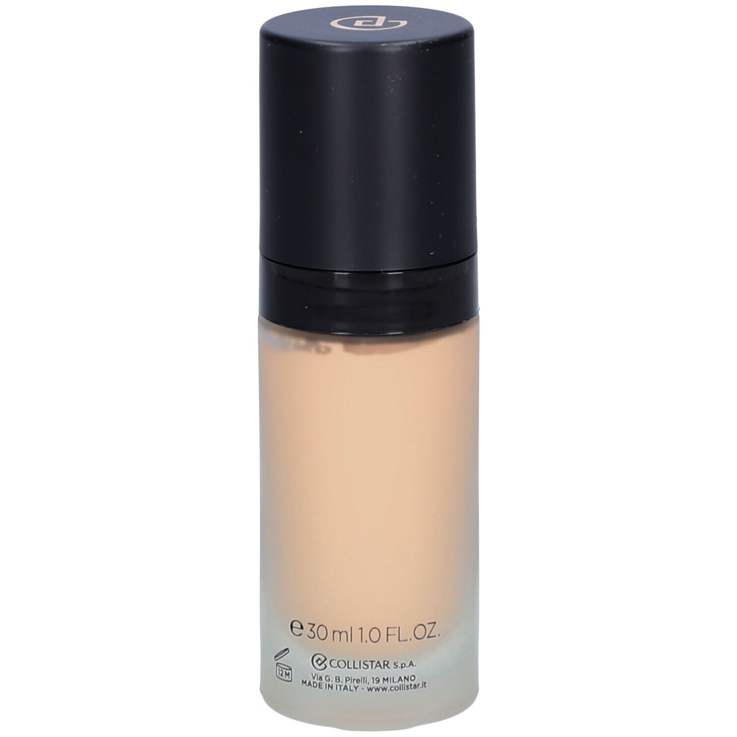 Flacon de fond de teint beige avec bouchon noir. Inscription : Collistar, e30ml 1.0 FL.OZ.