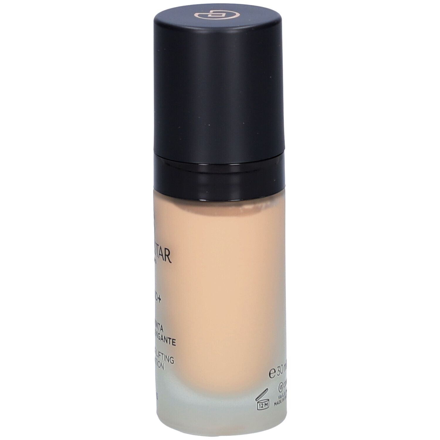 Flacon de fond de teint beige avec bouchon noir. Inscription : Collistar, Lift HD+, e30ml.