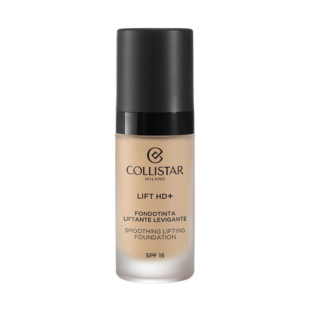 Flacon de fond de teint avec bouchon noir. Inscriptions : Collistar Milano, Lift HD+, Fondotinta, Smoothing Lifting Foundation, SPF 15.