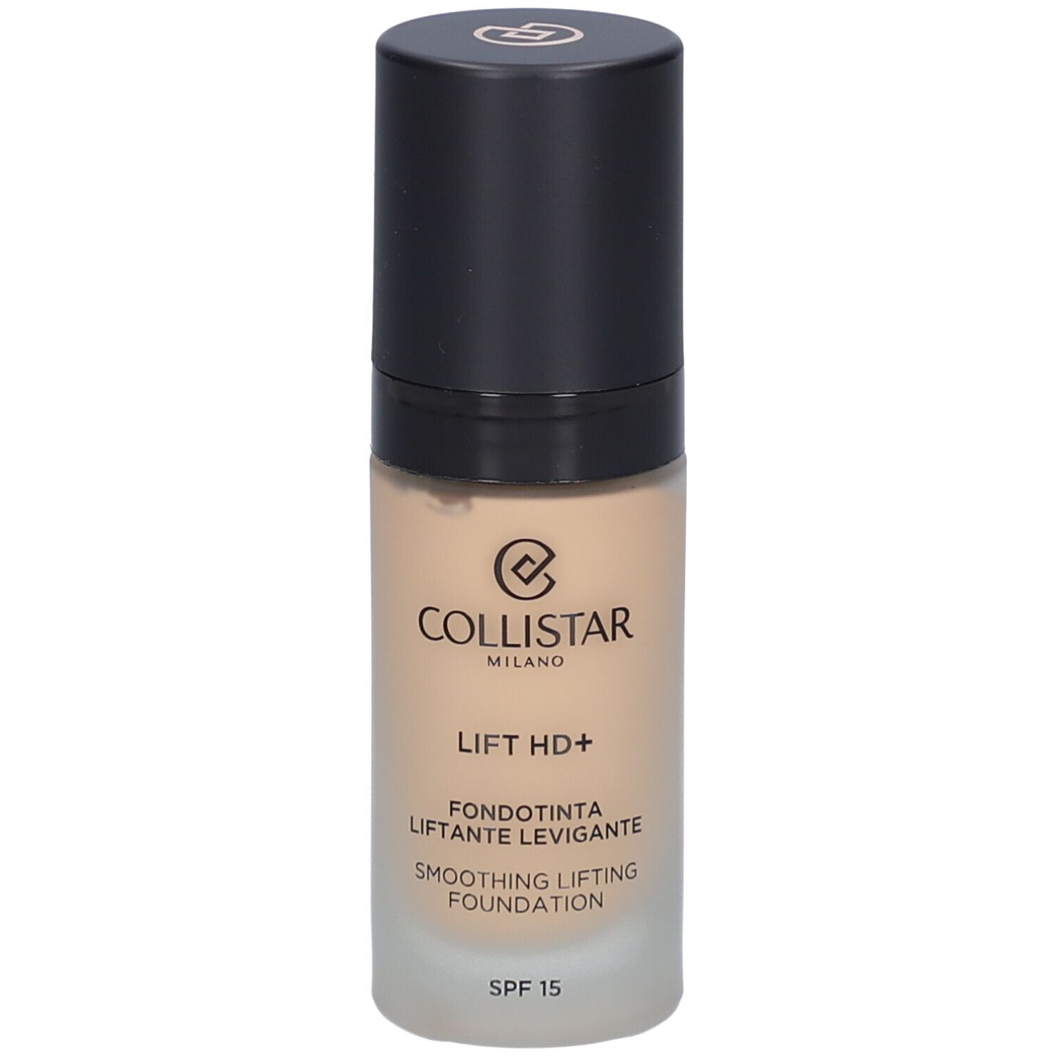 Beige foundationfles met zwarte dop. Opschrift: Collistar, Lift HD+, Smoothing Lifting Foundation, SPF 15.