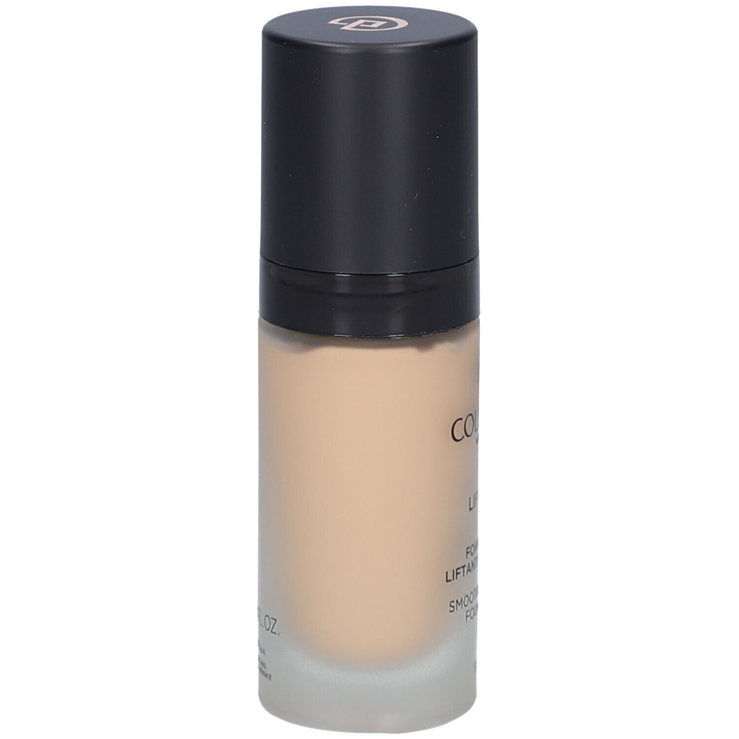 Beige foundationfles met zwarte dop. Opschrift: Collistar, Lift HD+, Smoothing Lifting Foundation.