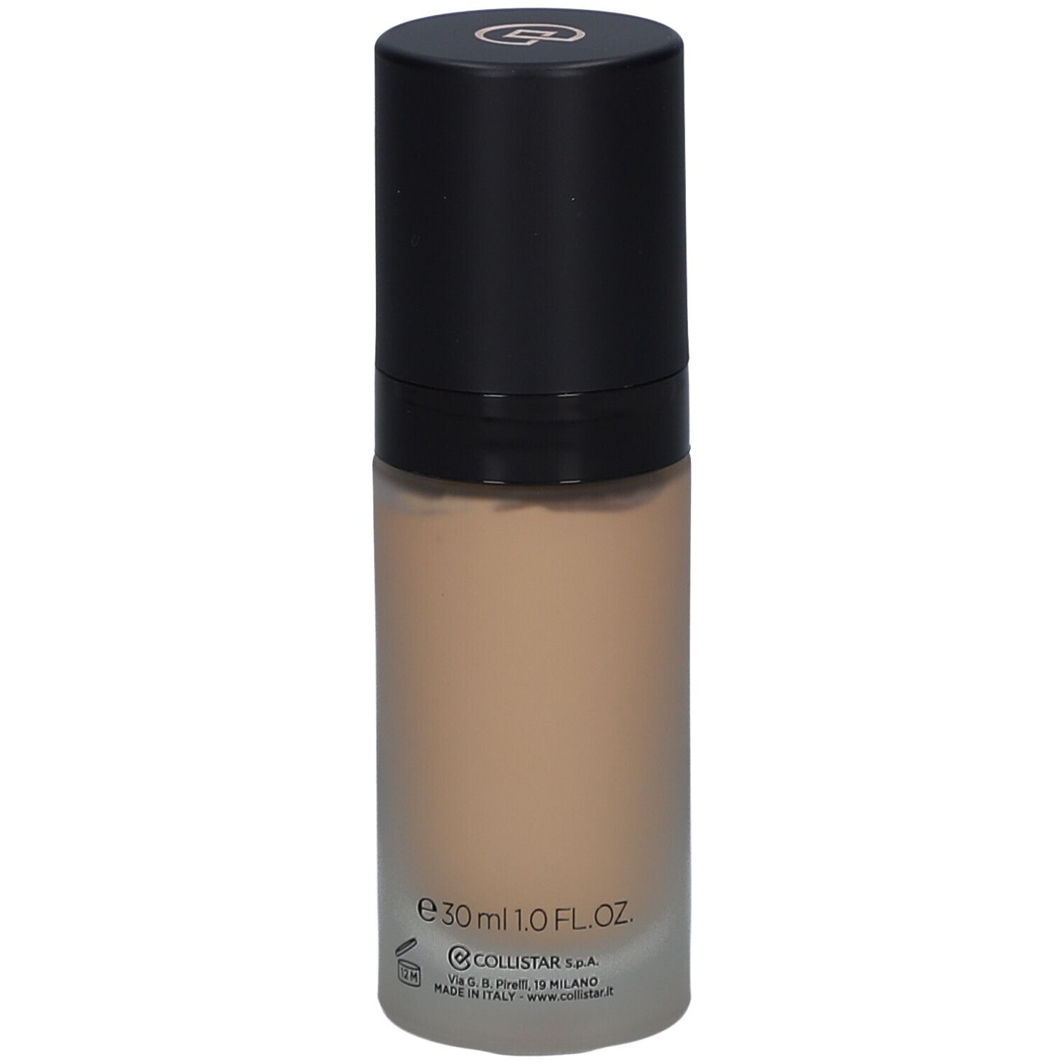 Beige foundationfles met zwarte dop. Opschrift: Collistar, e30ml 1.0 FL.OZ.