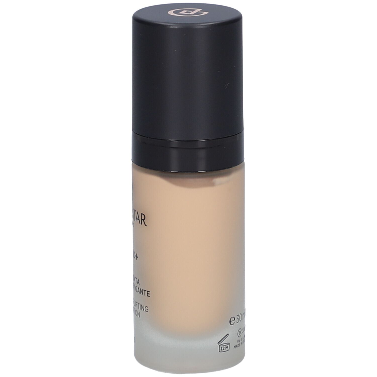 Beige foundationfles met zwarte dop. Opschrift: Collistar, Lift HD+, Smoothing Lifting Foundation, e30ml.