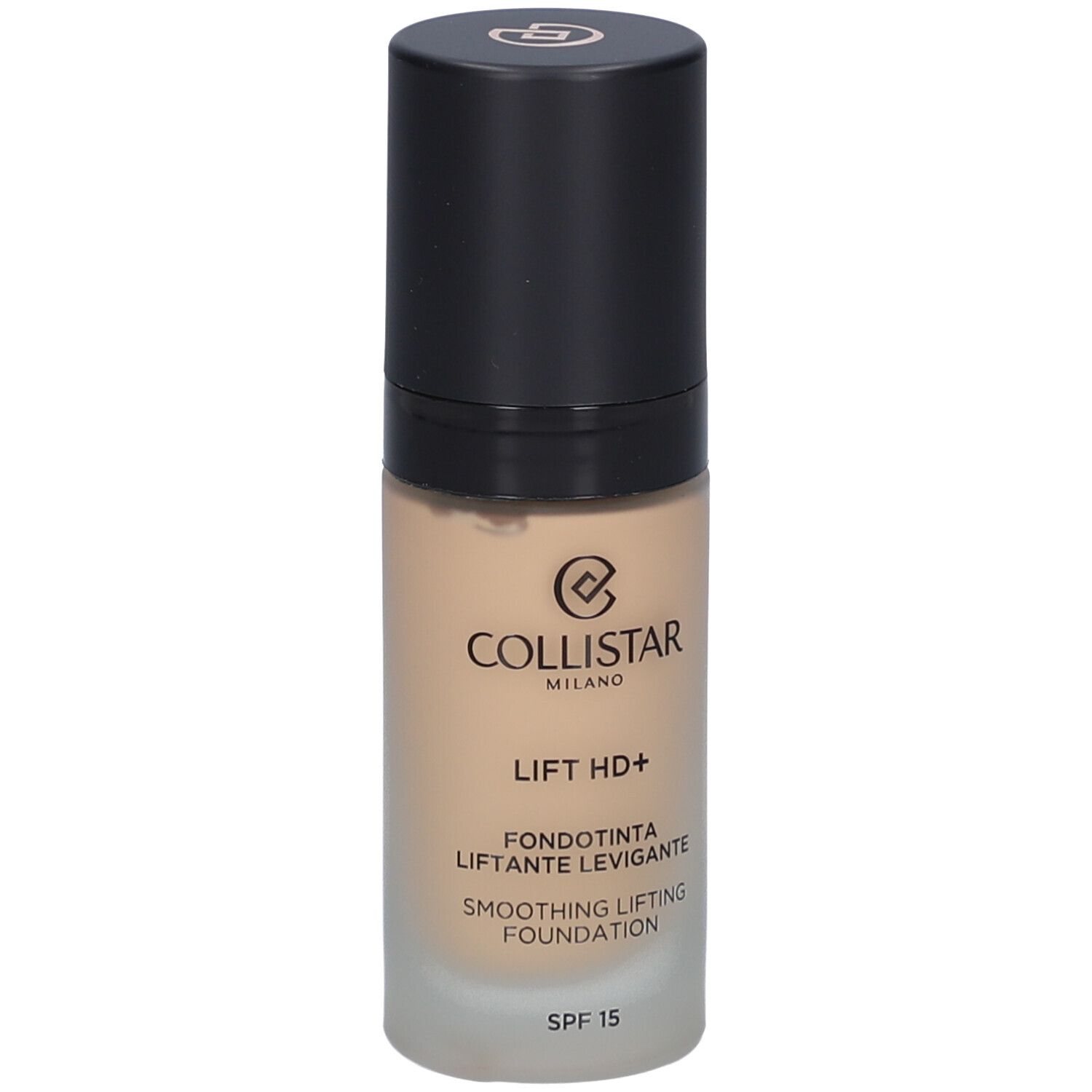 Beige foundationfles met zwarte dop. Opschrift: Collistar, Lift HD+, Smoothing Lifting Foundation, SPF 15.