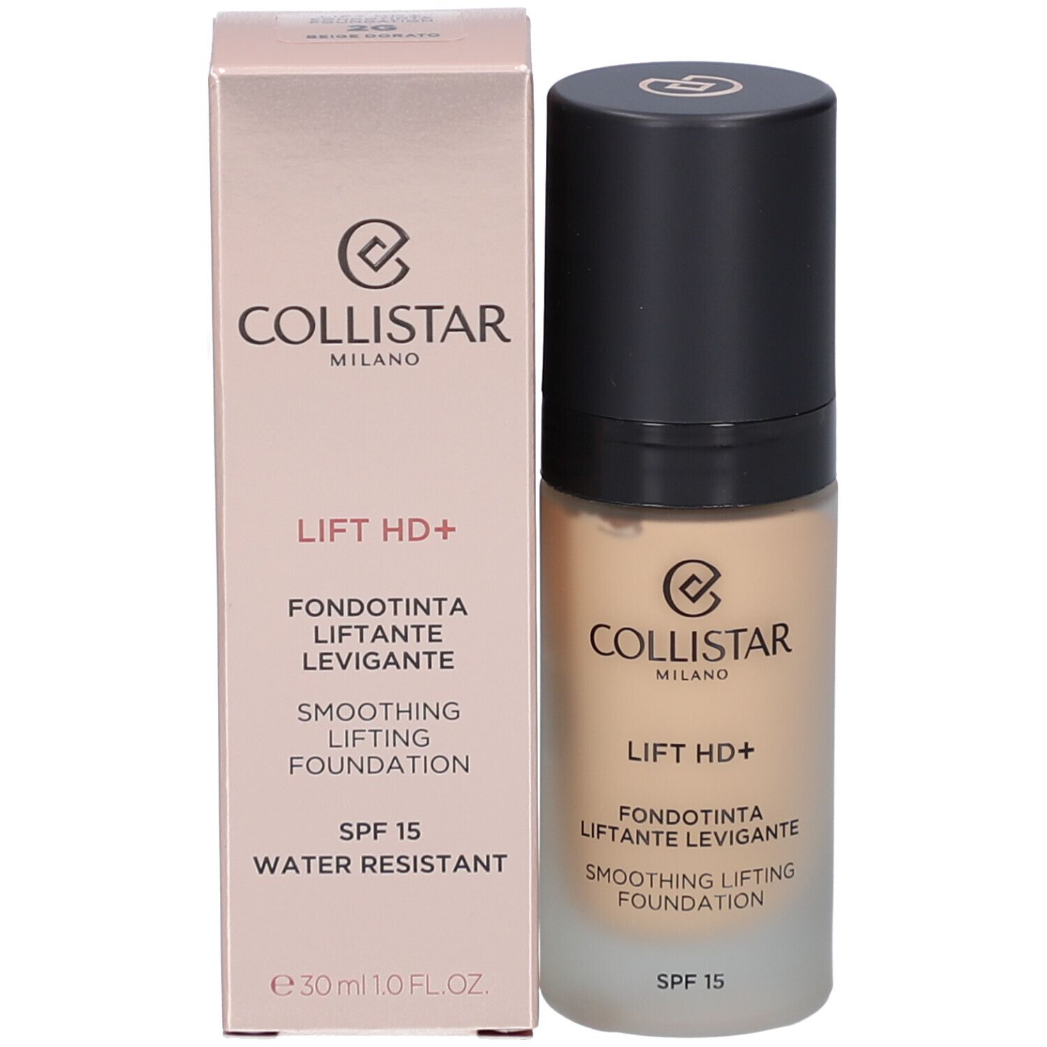 Foundationfles en verpakking. Opschrift: Collistar, Lift HD+, Smoothing Lifting Foundation, SPF 15, Water Resistant.