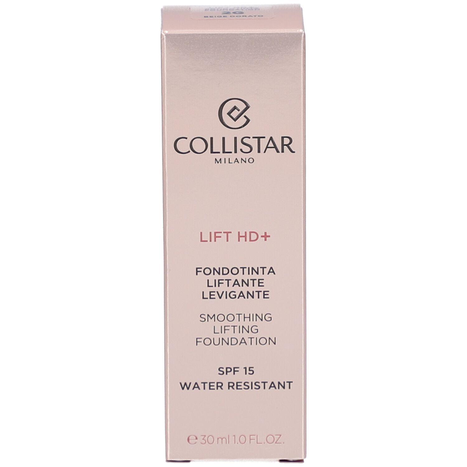 Verpakking. Opschrift: Collistar, Lift HD+, Smoothing Lifting Foundation, SPF 15, Water Resistant, e30ml.