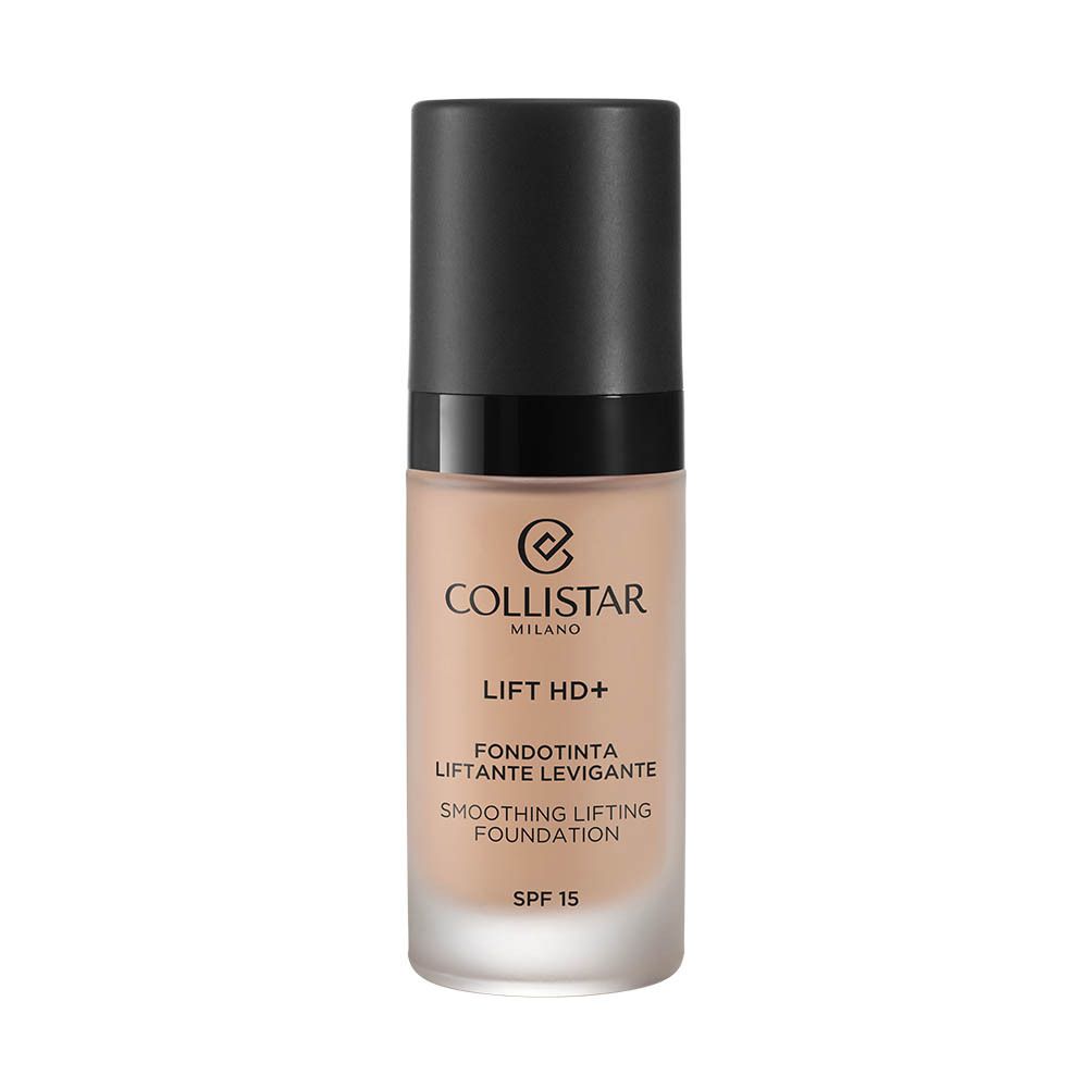 Flacon de fond de teint beige avec bouchon noir. Inscriptions : Collistar Milano, Lift HD+, Fondotinta, SPF 15.