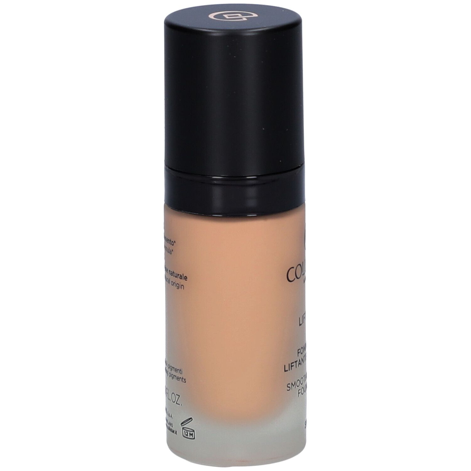 Collistar Lift HD+ Foundation. Glazen fles met zwarte dop. Zijaanzicht van het product.