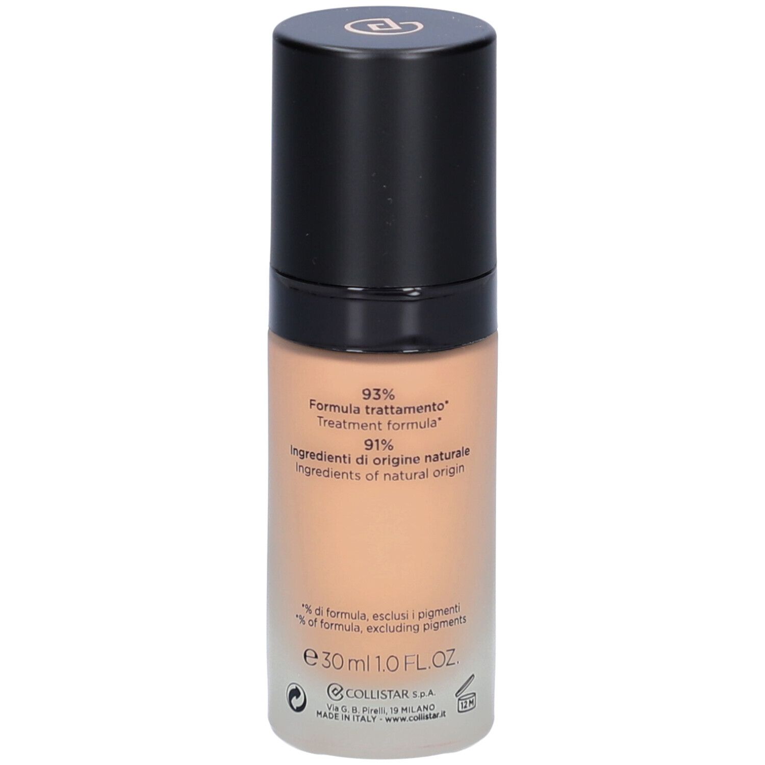 Collistar Lift HD+ Foundation. Achterkant fles met productinfo. 93% formule, 91% natuurlijke ingrediënten.