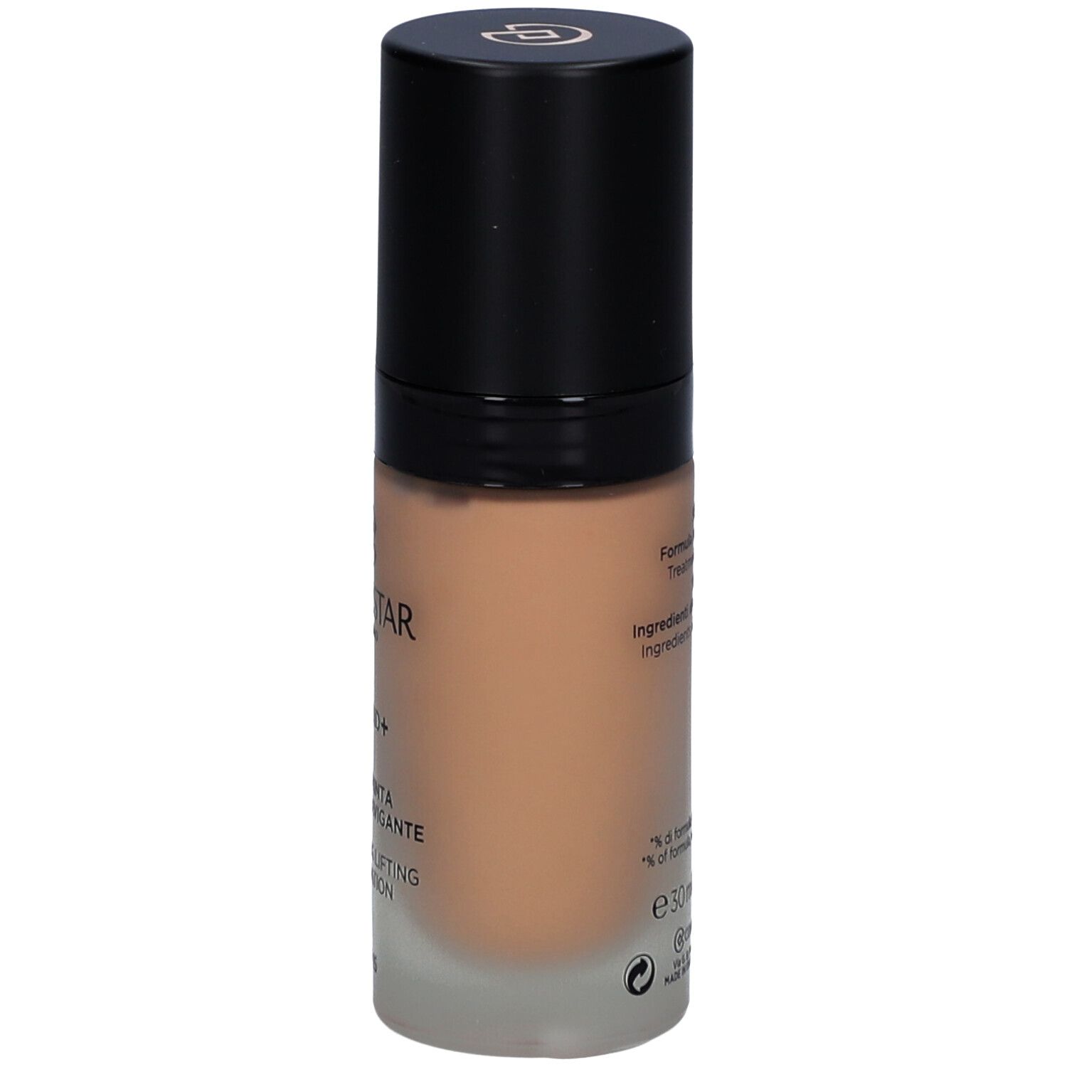 Collistar Lift HD+ Foundation. Glazen fles met zwarte dop. Zijaanzicht van het product.