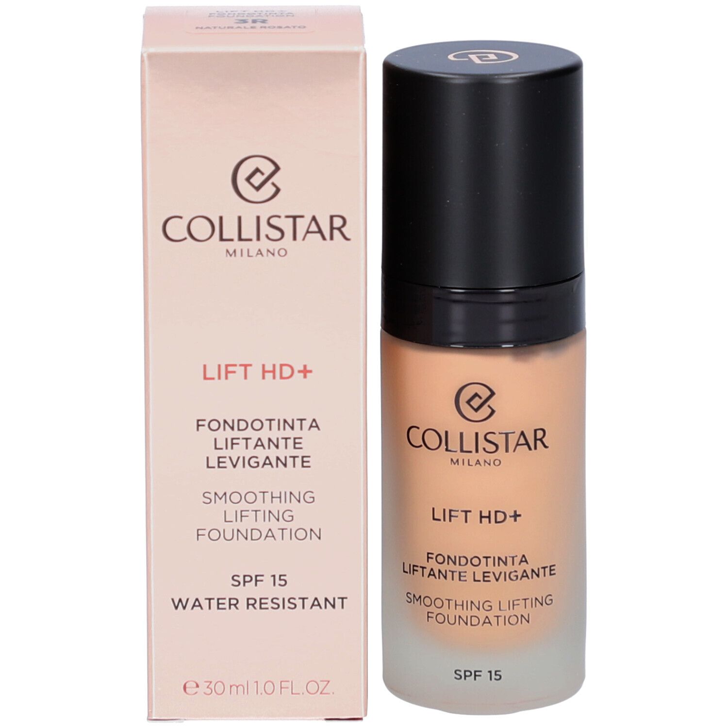 Collistar Lift HD+ Foundation met verpakking. Foundation en doos. SPF 15, waterbestendig.