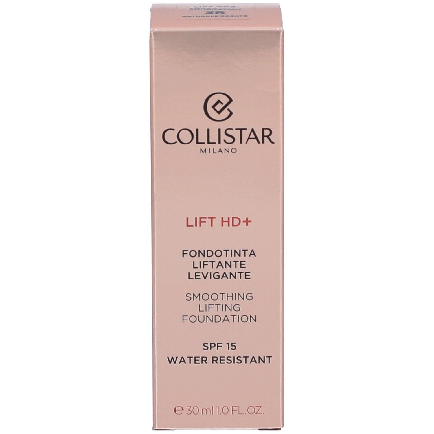 Verpakking Collistar Lift HD+ Foundation. Roze doos met productinfo. SPF 15, waterbestendig.