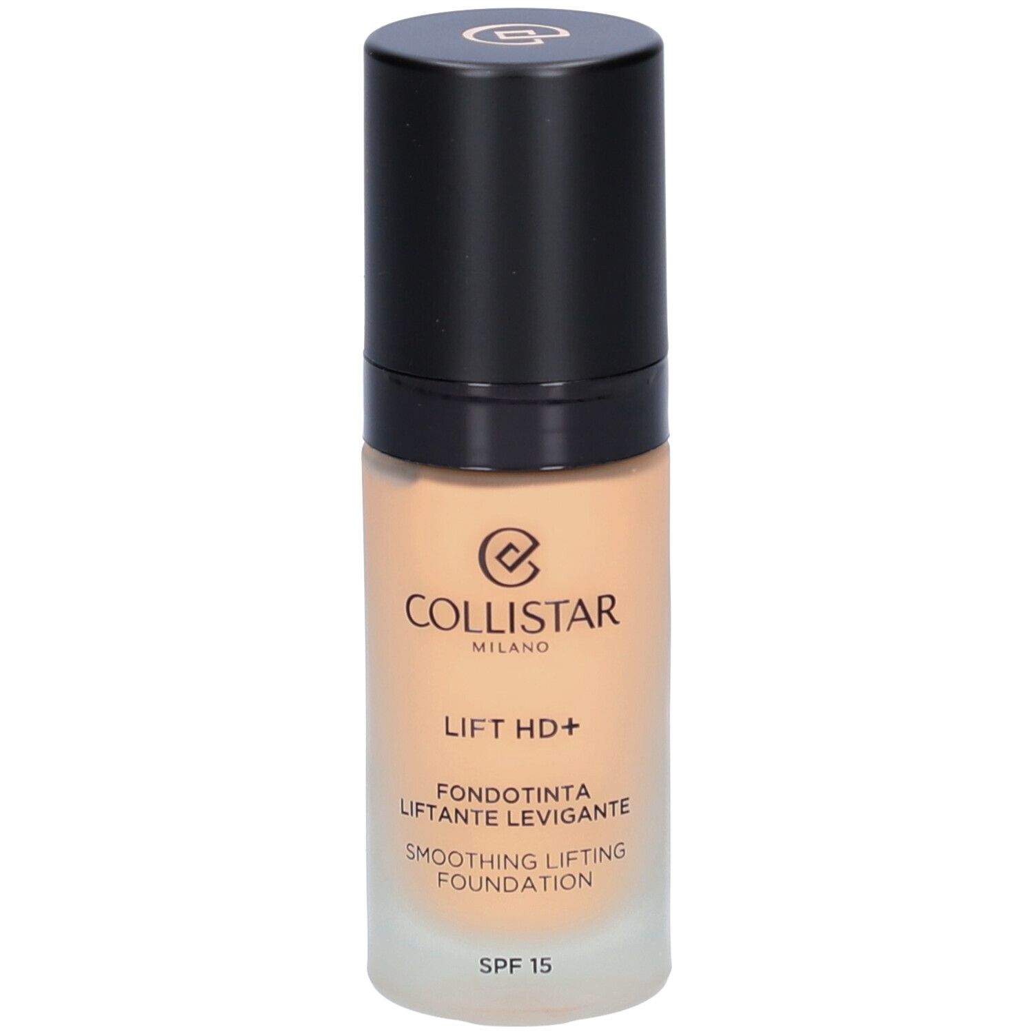 Beige foundationfles met zwarte dop. Opschrift: Collistar, Lift HD+, Fondotinta, SPF 15.