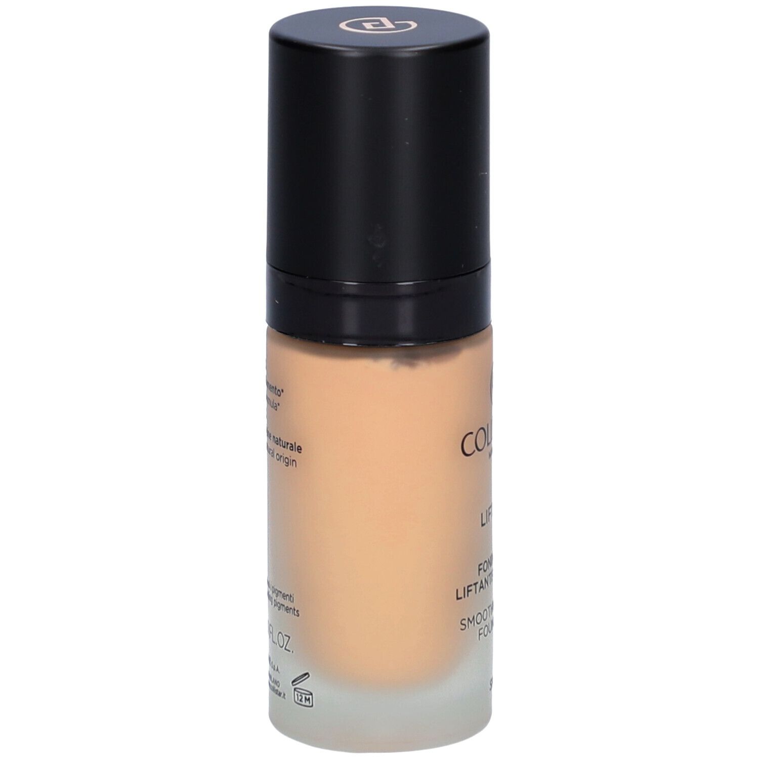 Beige foundationfles met zwarte dop. Opschrift: Collistar, Lift HD+, Fondotinta, SPF 15.