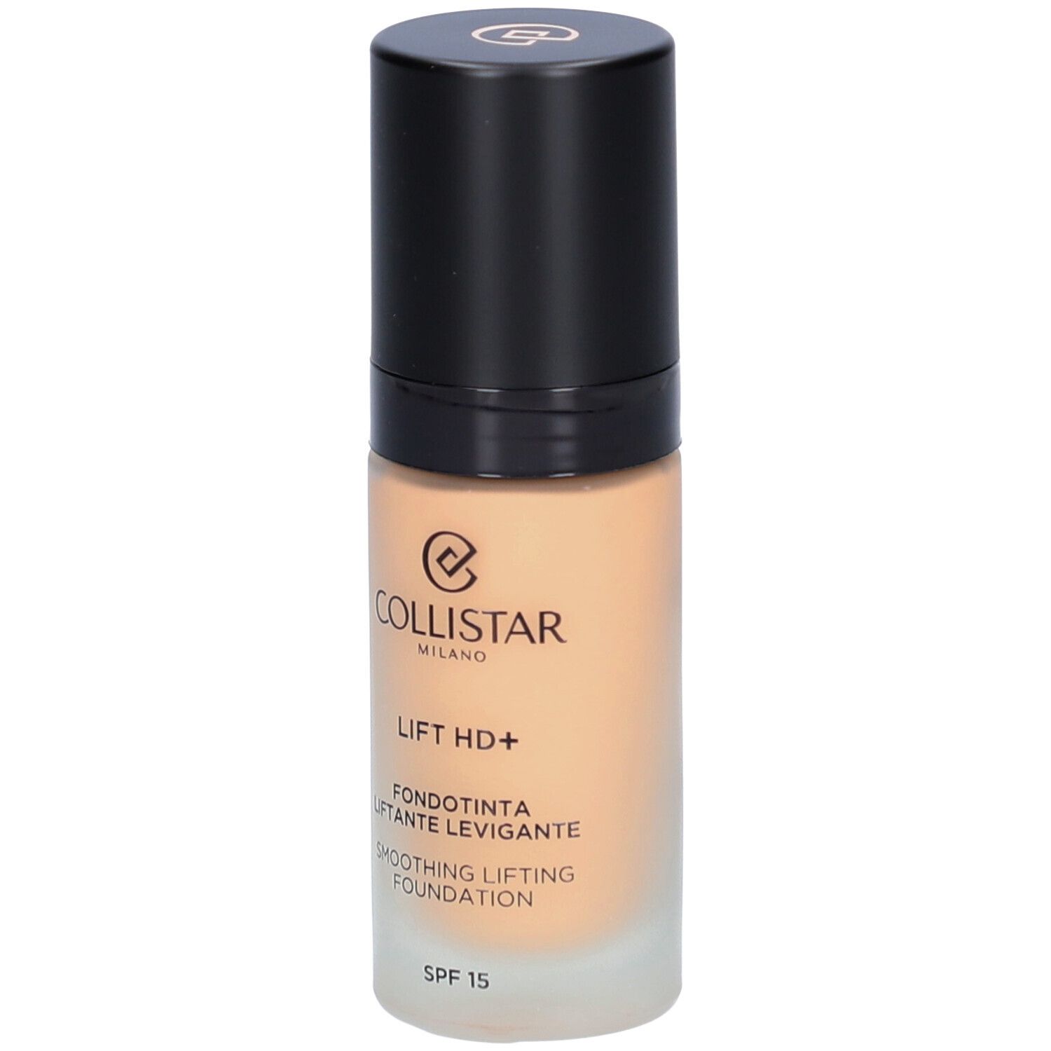 Beige foundationfles met zwarte dop. Opschrift: Collistar, Lift HD+, Fondotinta, SPF 15.