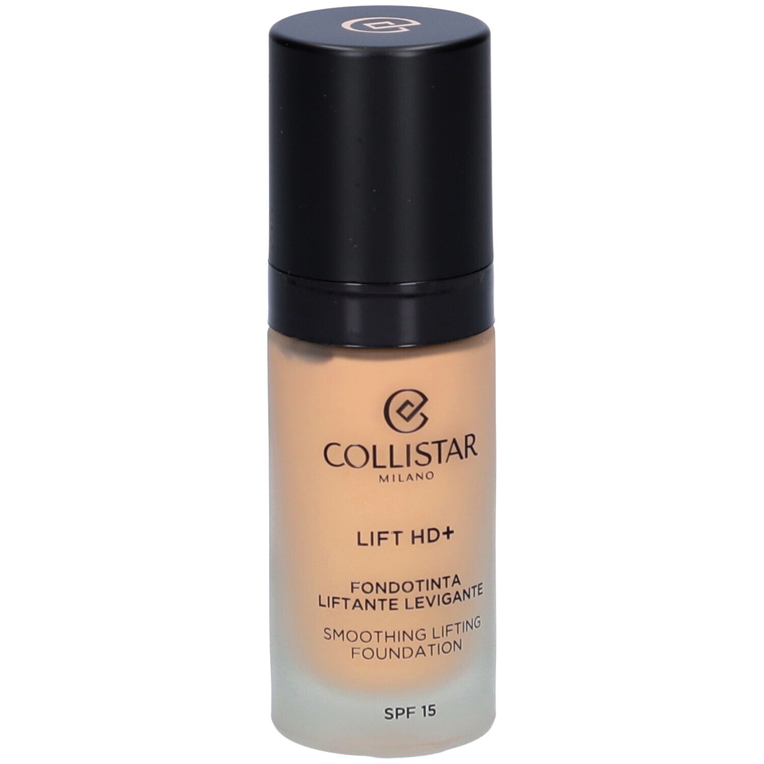 Beige foundationfles met zwarte dop. Opschrift: Collistar, Lift HD+, Fondotinta, SPF 15.