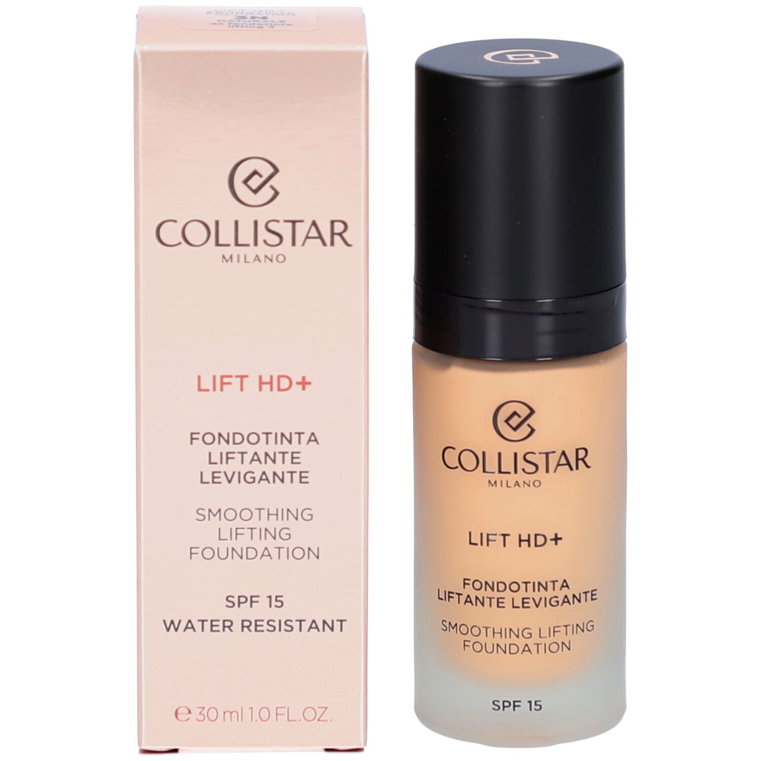 Foundationfles en verpakking. Opschrift: Collistar, Lift HD+, Fondotinta, SPF 15, Water Resistant.