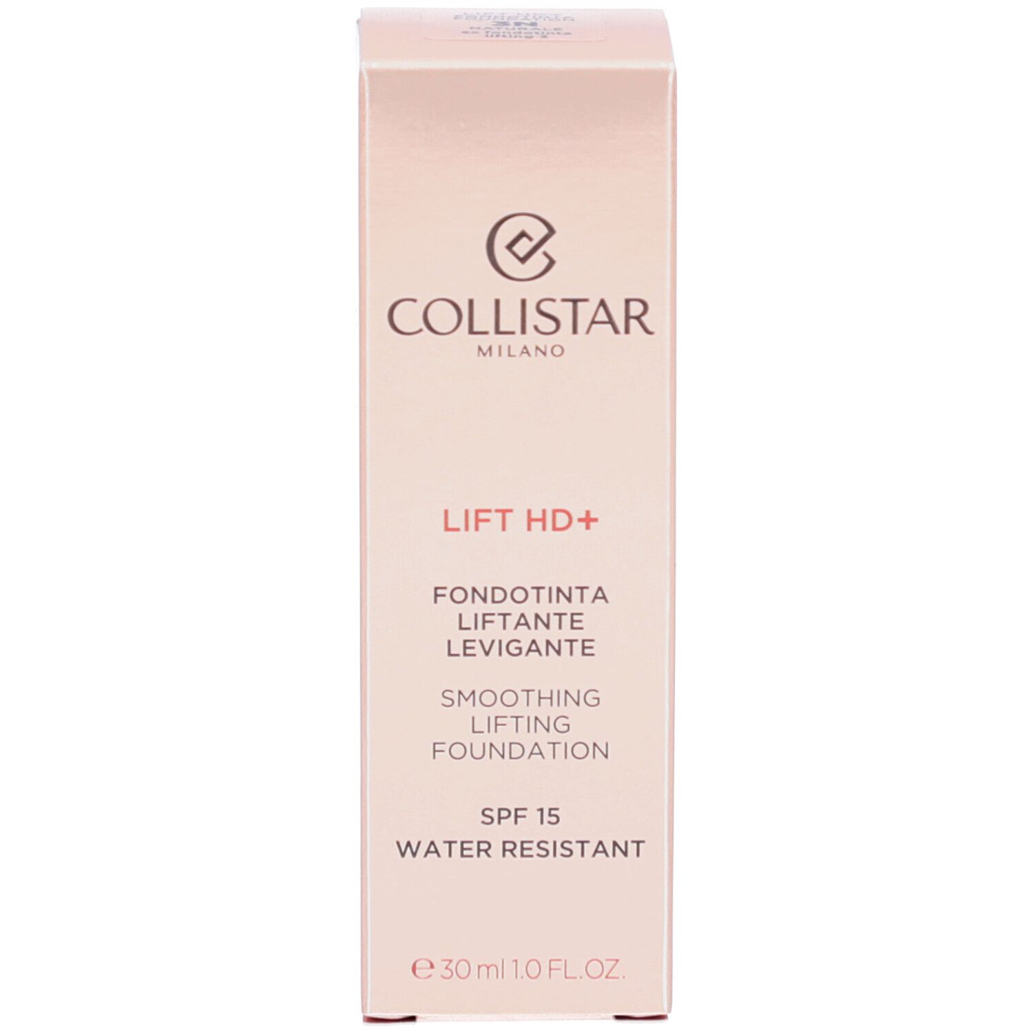 Verpakking met opschrift: Collistar, Lift HD+, Fondotinta, SPF 15, Water Resistant.