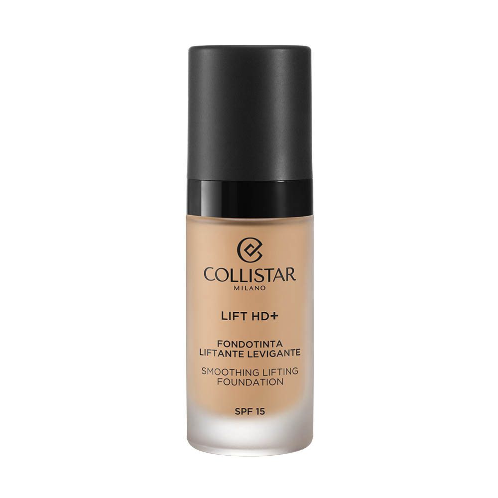 Flacon avec bouchon noir. Inscriptions: Collistar Milano, Lift HD+, Fondotinta Liftante Levigante, Smoothing Lifting Foundation, SPF 15.