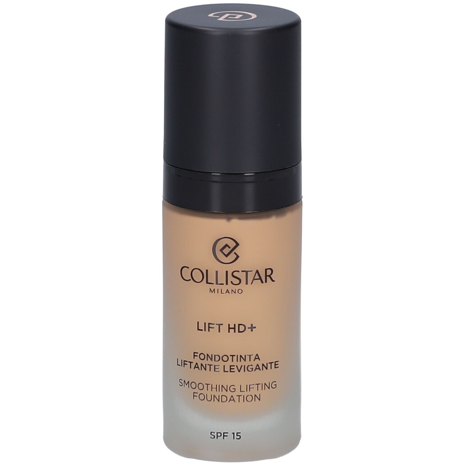 Beige foundationfles met zwarte dop. Opschrift: Collistar, Lift HD+, Smoothing Lifting Foundation, SPF 15.