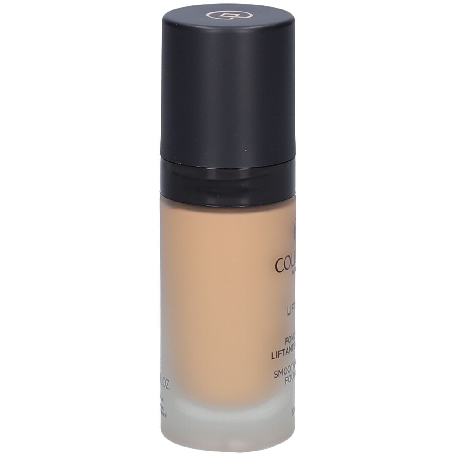 Beige foundationfles met zwarte dop. Opschrift: Collistar, Lift HD+, Smoothing Lifting Foundation.