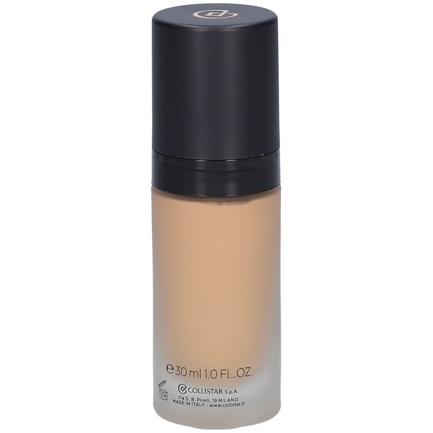 Beige foundationfles met zwarte dop. Opschrift: Collistar, Lift HD+, Smoothing Lifting Foundation, 30ml.