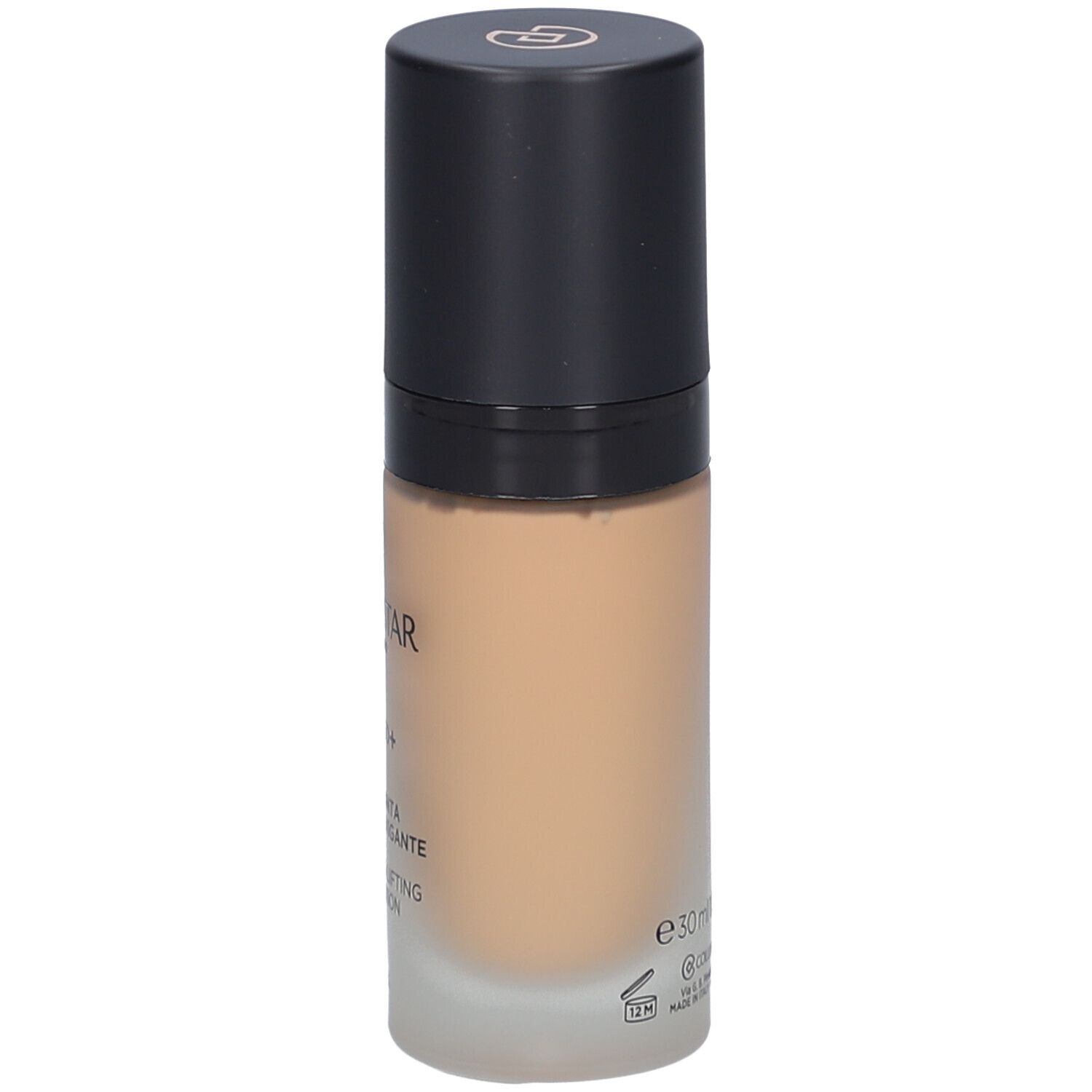 Beige foundationfles met zwarte dop. Opschrift: Collistar, Lift HD+, Smoothing Lifting Foundation, 30ml.