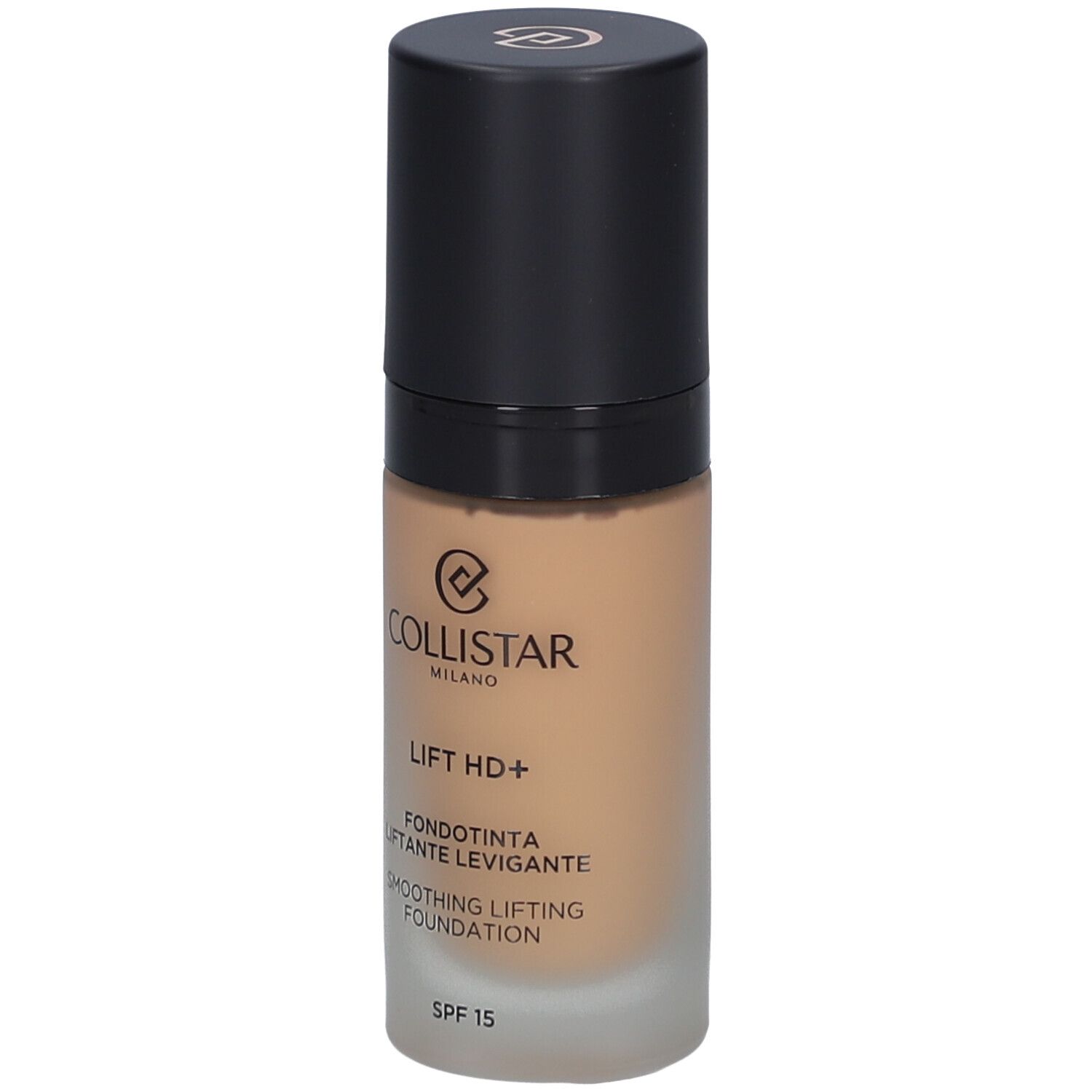 Beige foundationfles met zwarte dop. Opschrift: Collistar, Lift HD+, Smoothing Lifting Foundation, SPF 15.